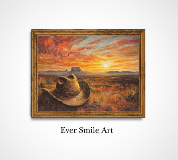 Vintage Cowboy Hat Oil Painting Sunset Art Print Western Rustic Home Decor Wall Art Gift For Her