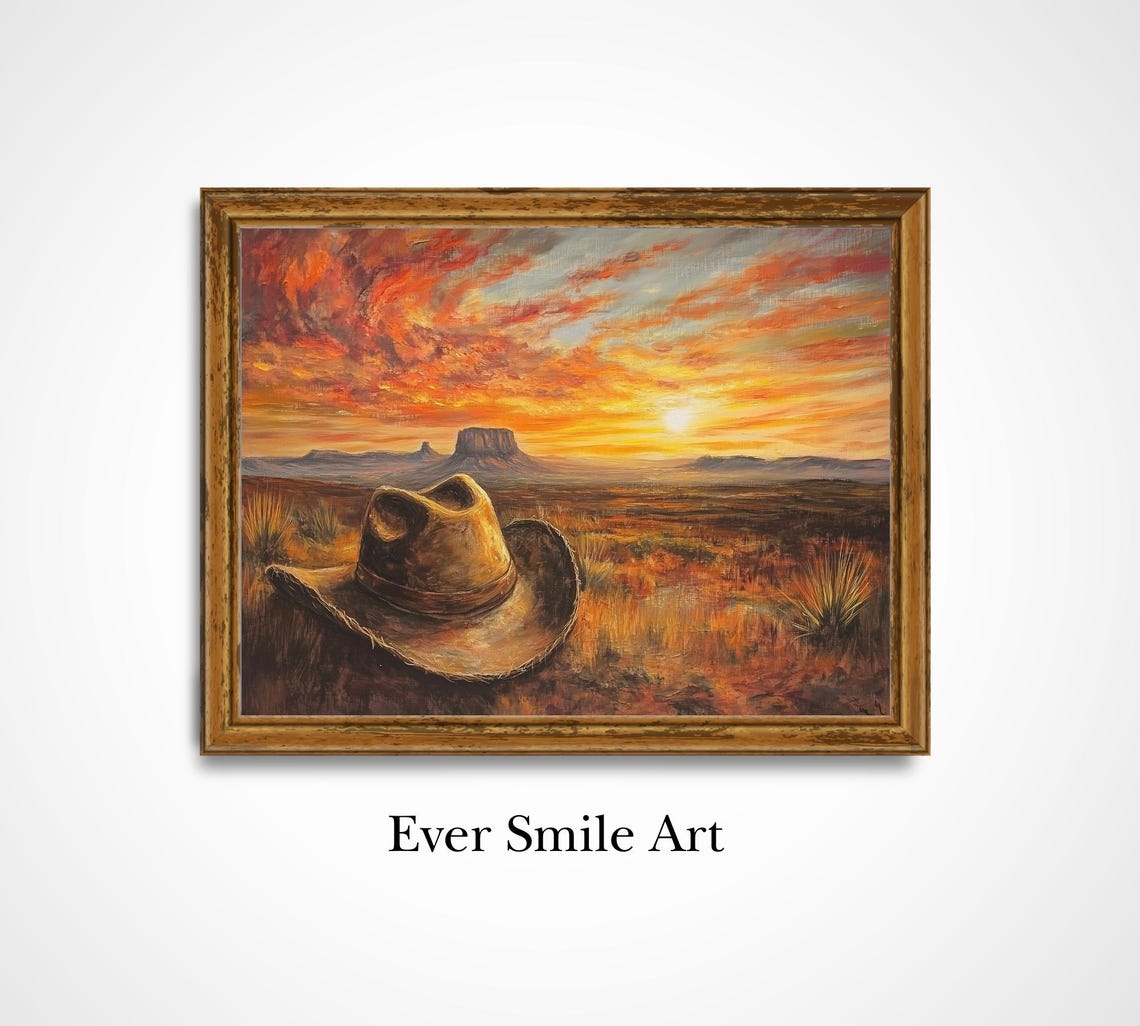 Cowboy Hat Desert Sunset Fiery Sky Western Mesa Landscape Painting