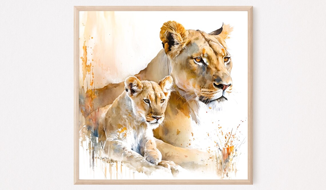 Lioness and Cub Watercolor Safari Wildlife Mother Love Poster