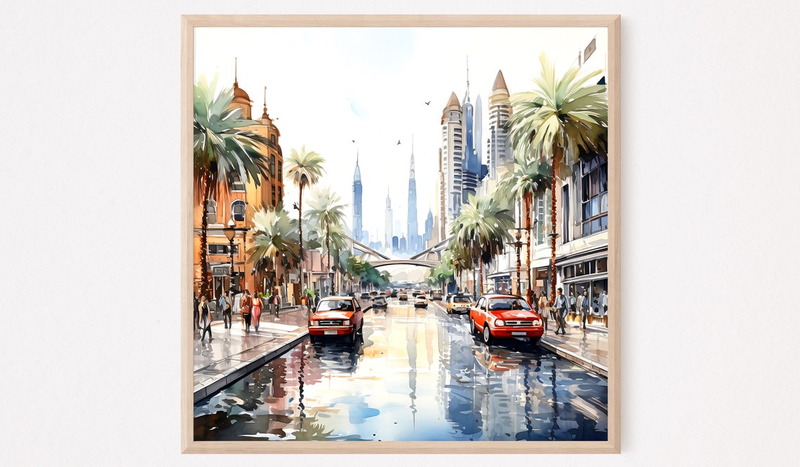 Dubai Palm Lined Street Burj Khalifa Skyline Watercolor Poster