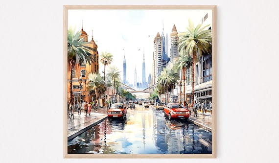 Dubai Skyline Watercolor Art Print Modern Arabian Travel Poster