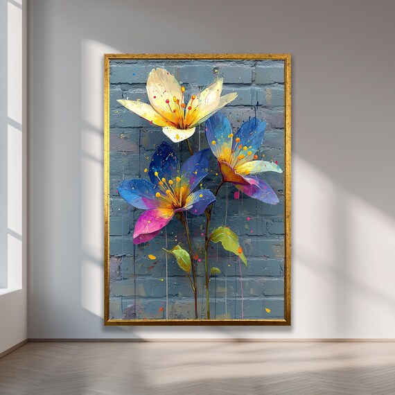 Colorful Graffiti Flowers on Blue Brick Wall Urban Floral Poster