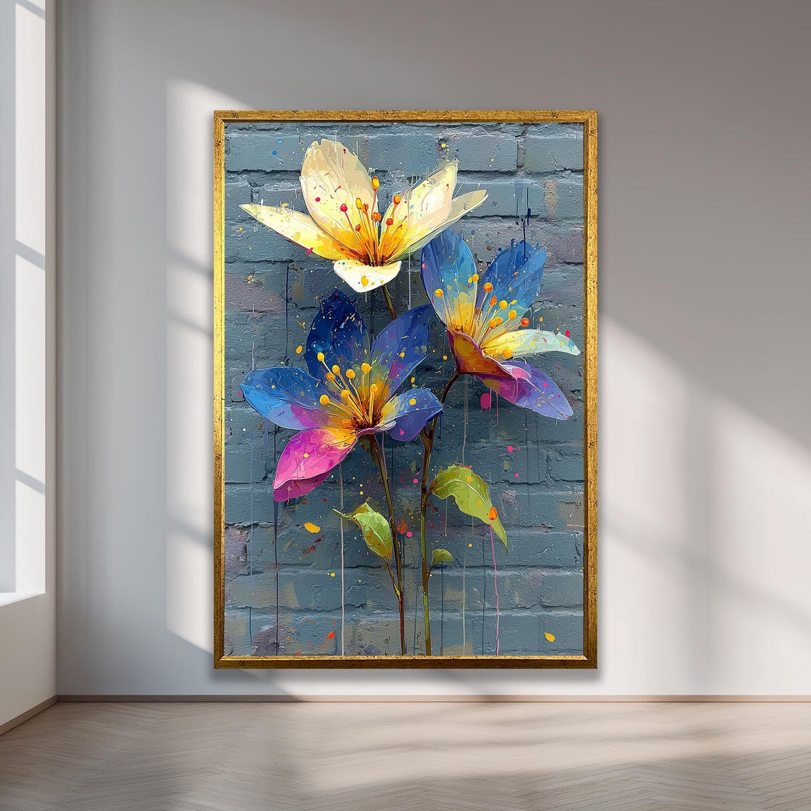 Colorful Graffiti Flowers on Blue Brick Wall Urban Floral Poster