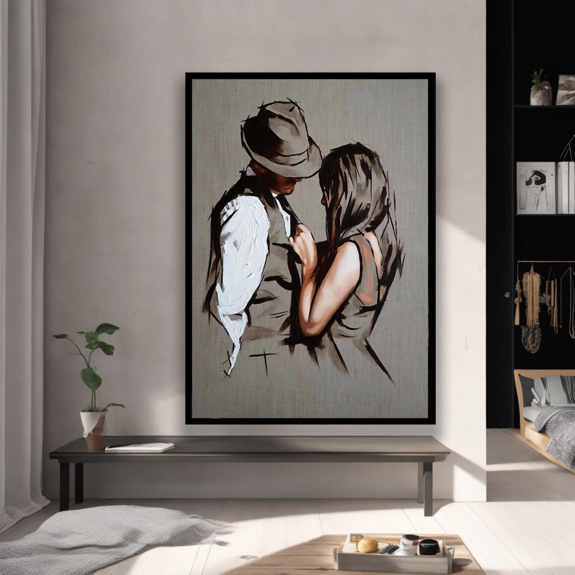 Romantic Couple Embrace Vintage Figurative Love Painting Poster