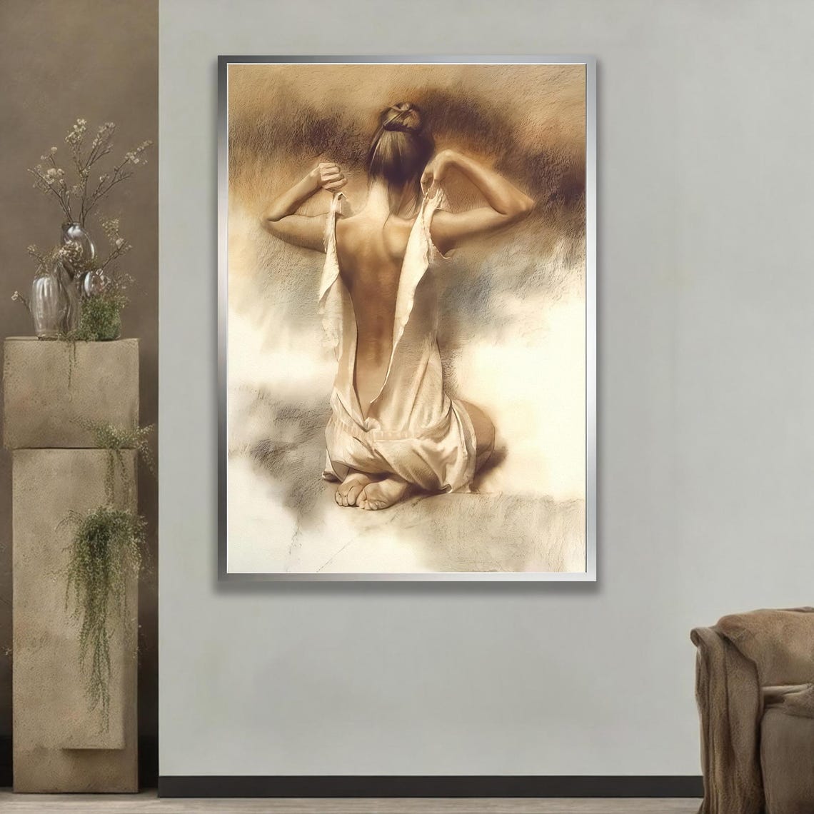 Elegant Nude Woman Back View Soft Toned Wall Art