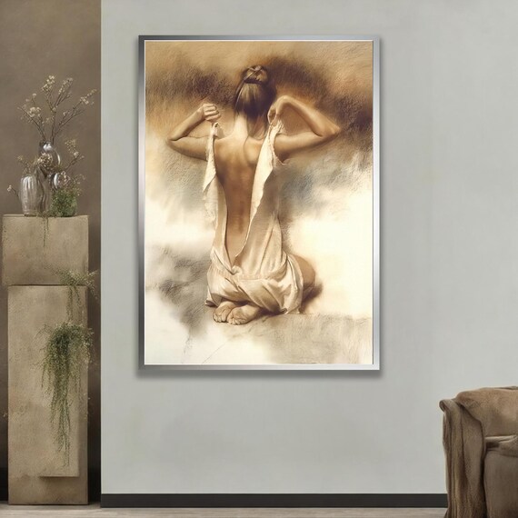 Woman Loosening Garment Sepia Back Study Fine Art Drawing Poster