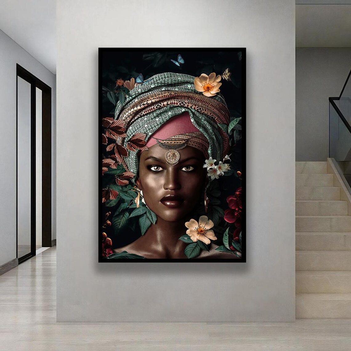 African Queen Floral Headwrap Portrait Regal Dark Beauty Art Poster