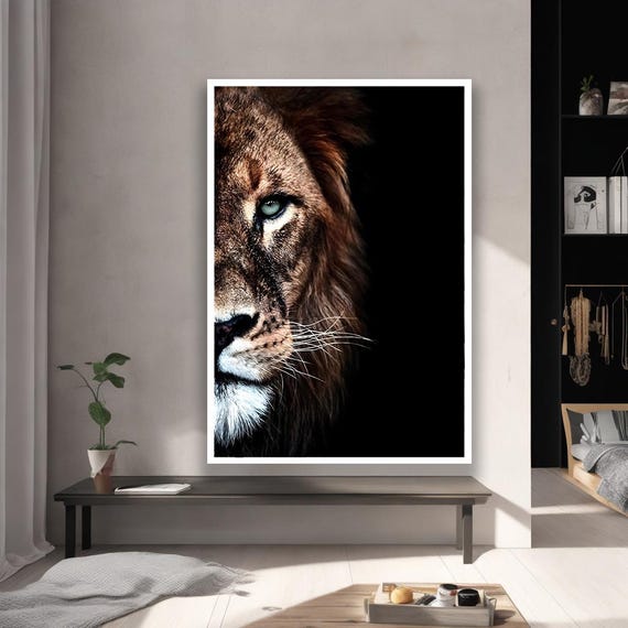 Majestic Lion Wall Art Powerful Portrait Black And Gold Animal Artwork
