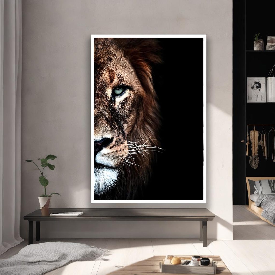 Lion Half Face Emerging from Darkness Dramatic Black Background Poster