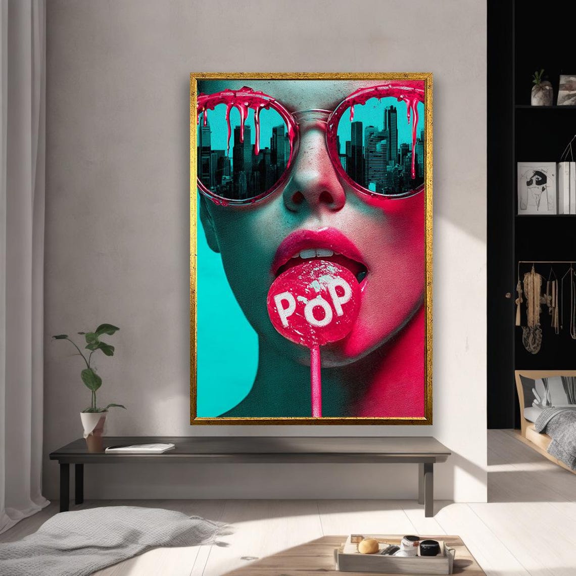 Neon Pop Art Girl Sunglasses City Reflection Lollipop Poster