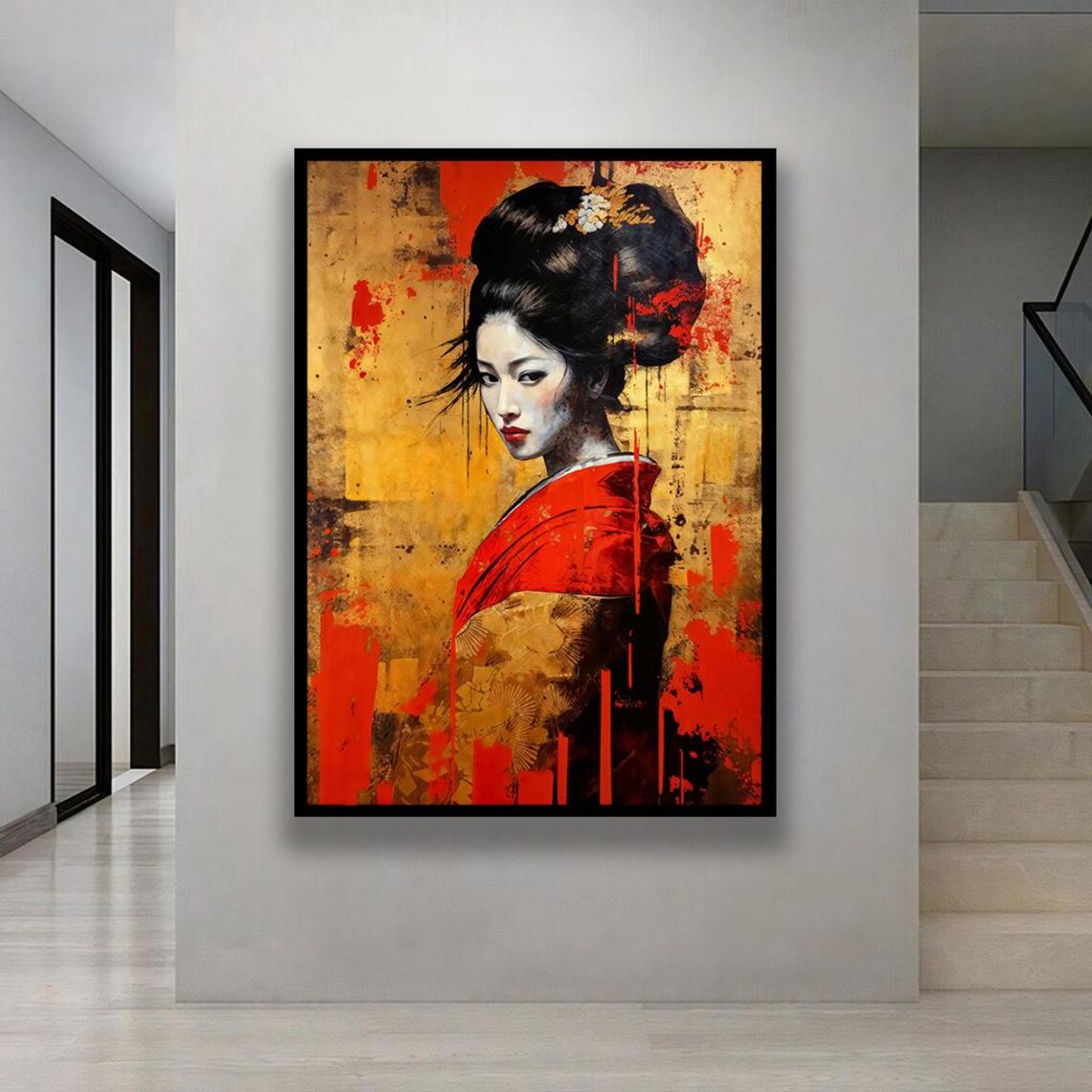 Japanese Geisha Red Kimono Gold Abstract Modern Portrait Art Poster