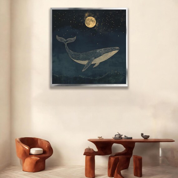 Moonlit Whale Swimming Starry Night Ocean Sky Wildlife Poster