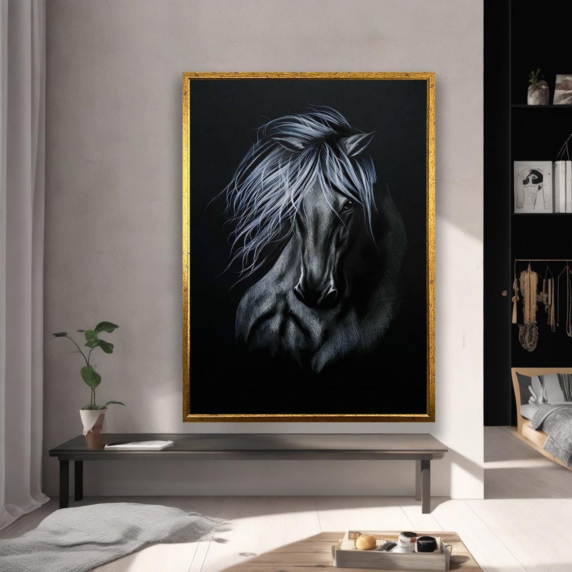 Black And White Horse Portrait Dramatic Equine Canvas Poster