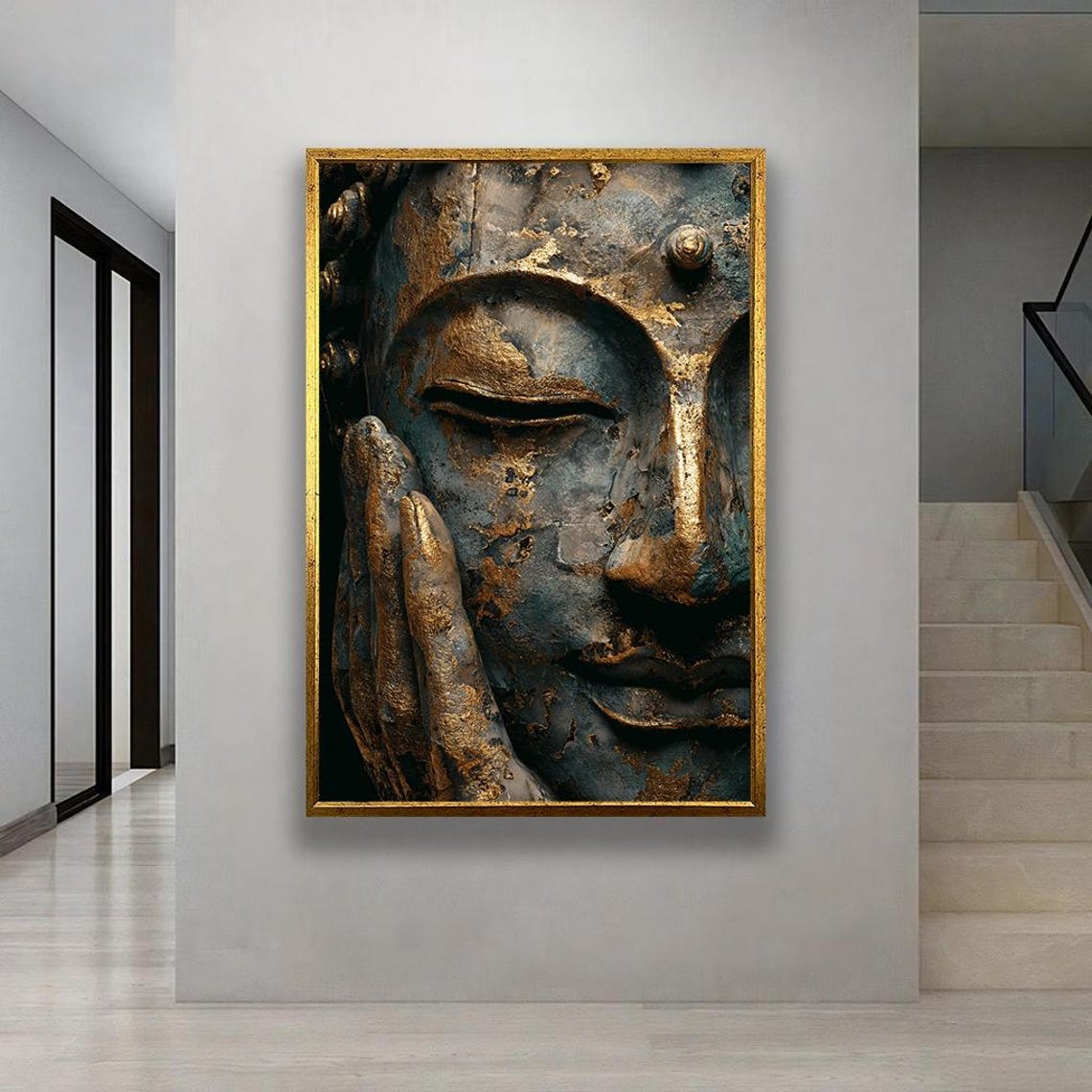 Ancient Gold Buddha Face Sculpture Zen Mindfulness Decor Poster