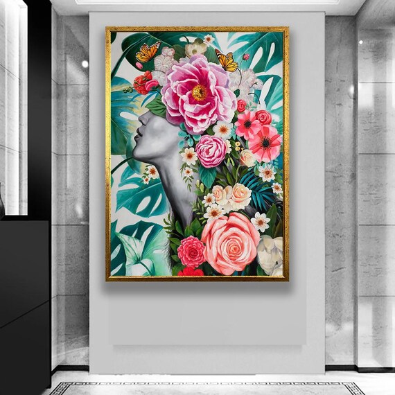 Floral Portrait Woman Pink Peonies Butterflies Tropical Leaves Poster