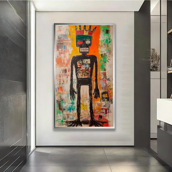 Basquiat Style Framed Canvas Print Abstract Expressionist Pop Art