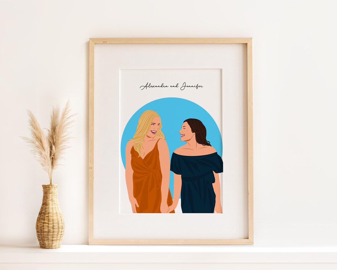 Custom Faceless Best Friends Portrait Two Women Blue Circle Poster