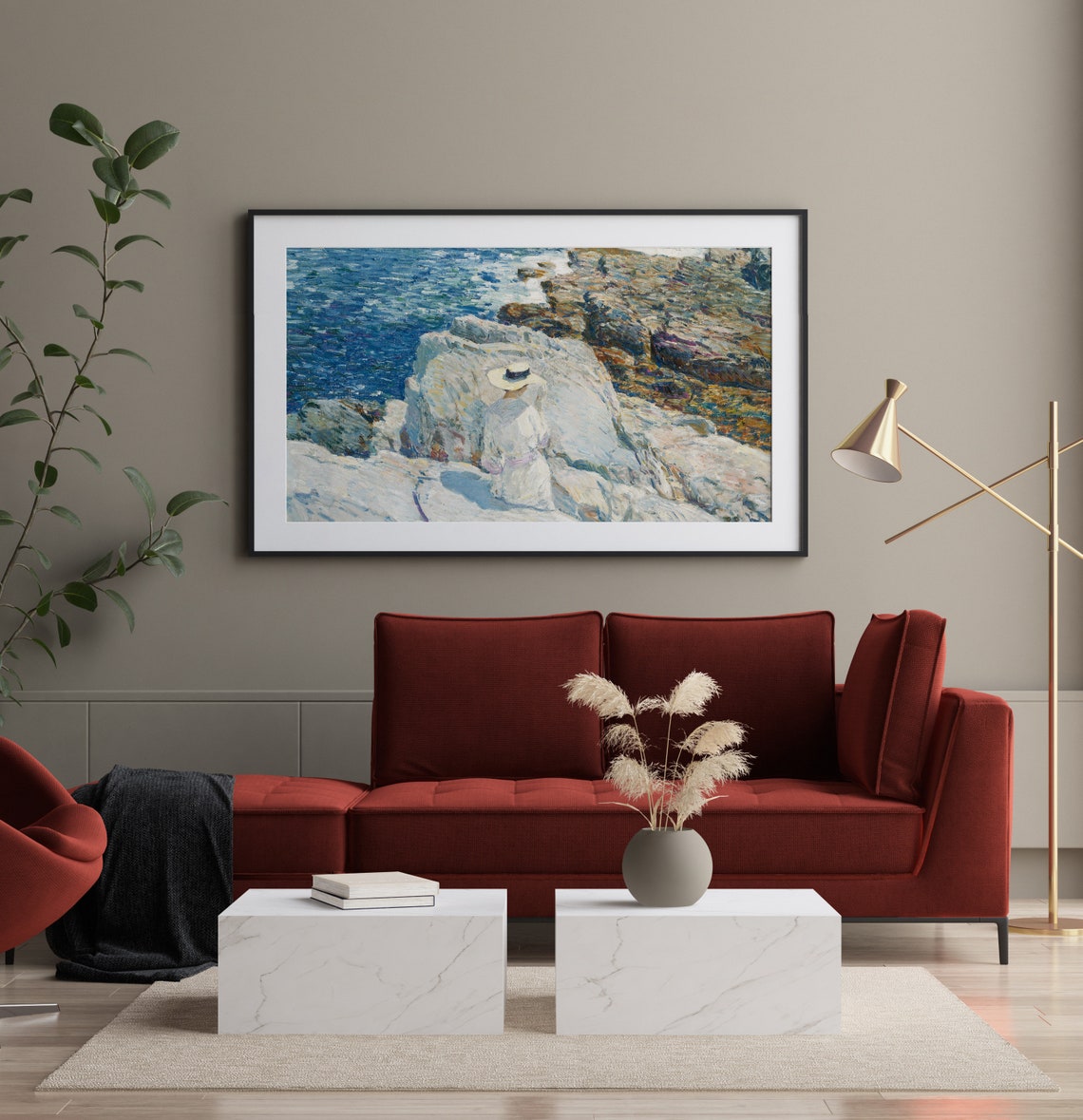 Frame Tv Art Vintage Woman Seascape Print Summer Sea Coastal Oil Painting White Rocks Antique Wall Art 4k Tv - Image 2