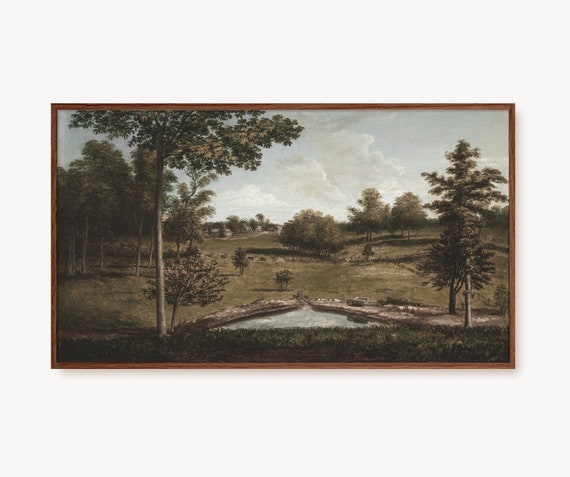 Frame Tv Art Vintage Rustic Landscape Painting Moody Autumn Country Artwork Muted Fall Decor