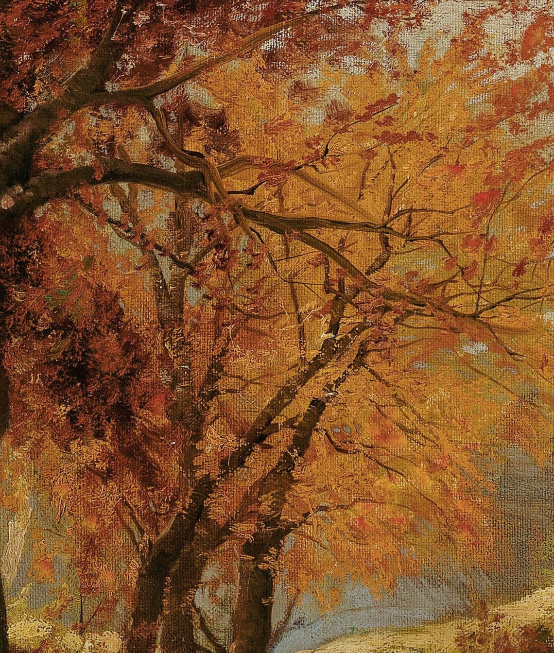 Golden Autumn Forest With Falling Red Leaves Oil Painting Poster - Image 2