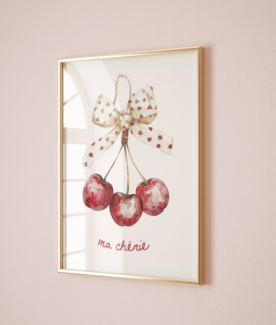 Ma Cherie Watercolor Cherries Heart Bow French Aesthetic Art Poster