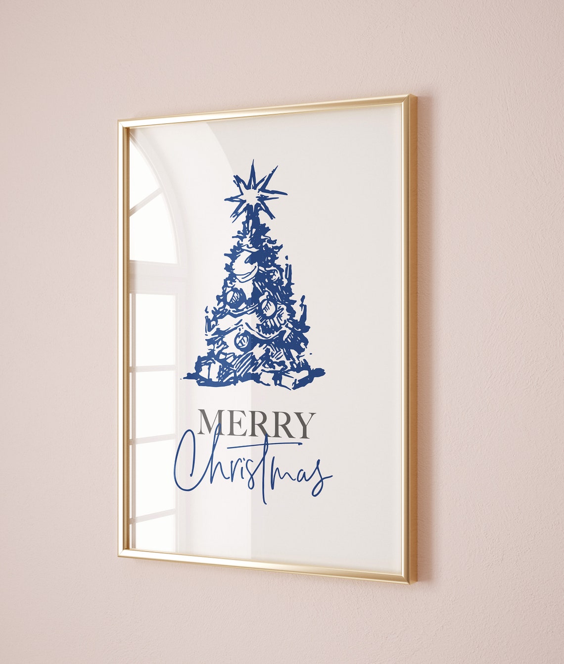 Merry Christmas Blue Christmas Tree Star Sketch Holiday Print