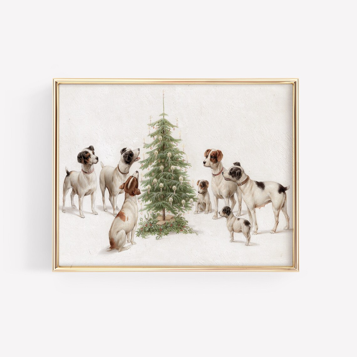 Six Dogs Around Christmas Tree Vintage Holiday Painting Art Print