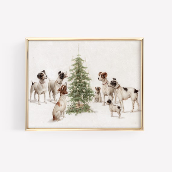 Six Dogs Around Christmas Tree Vintage Holiday Painting Art Print