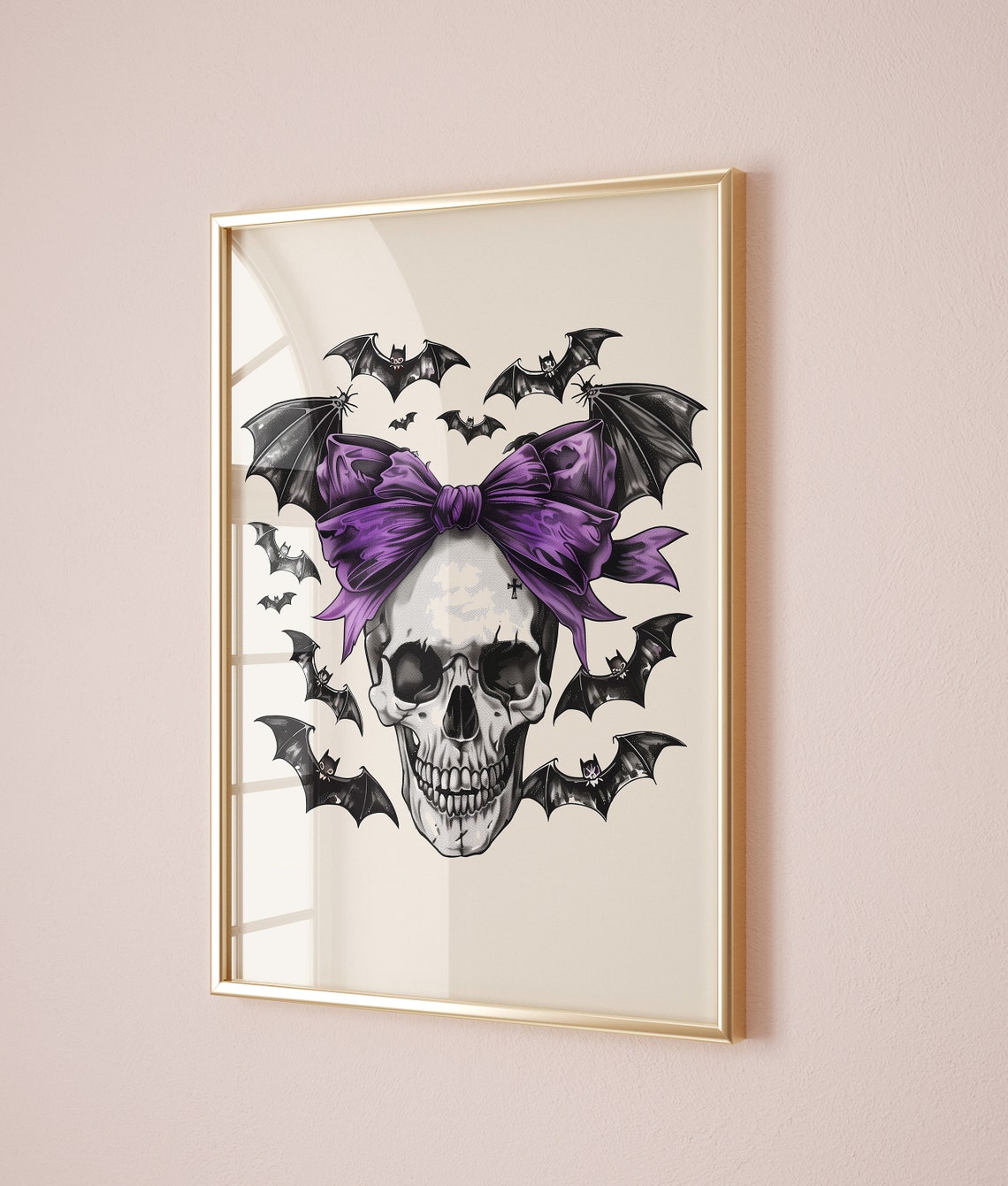Halloween Skull Purple Bow Bats Coquette Spooky Decor Art Poster