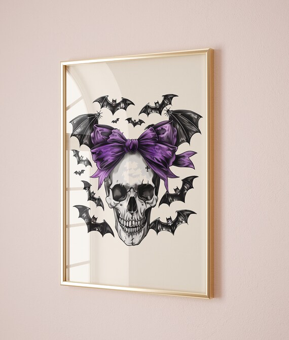 Halloween Skull Purple Bow Bats Coquette Spooky Decor Art Poster