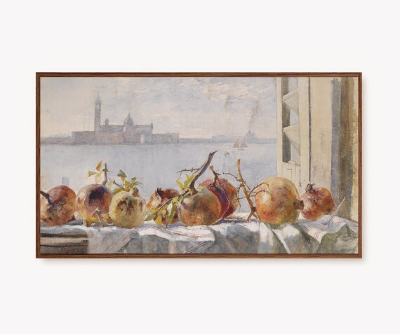 Sunlit Pomegranates Still Life with Venice Window View Vintage Art Poster