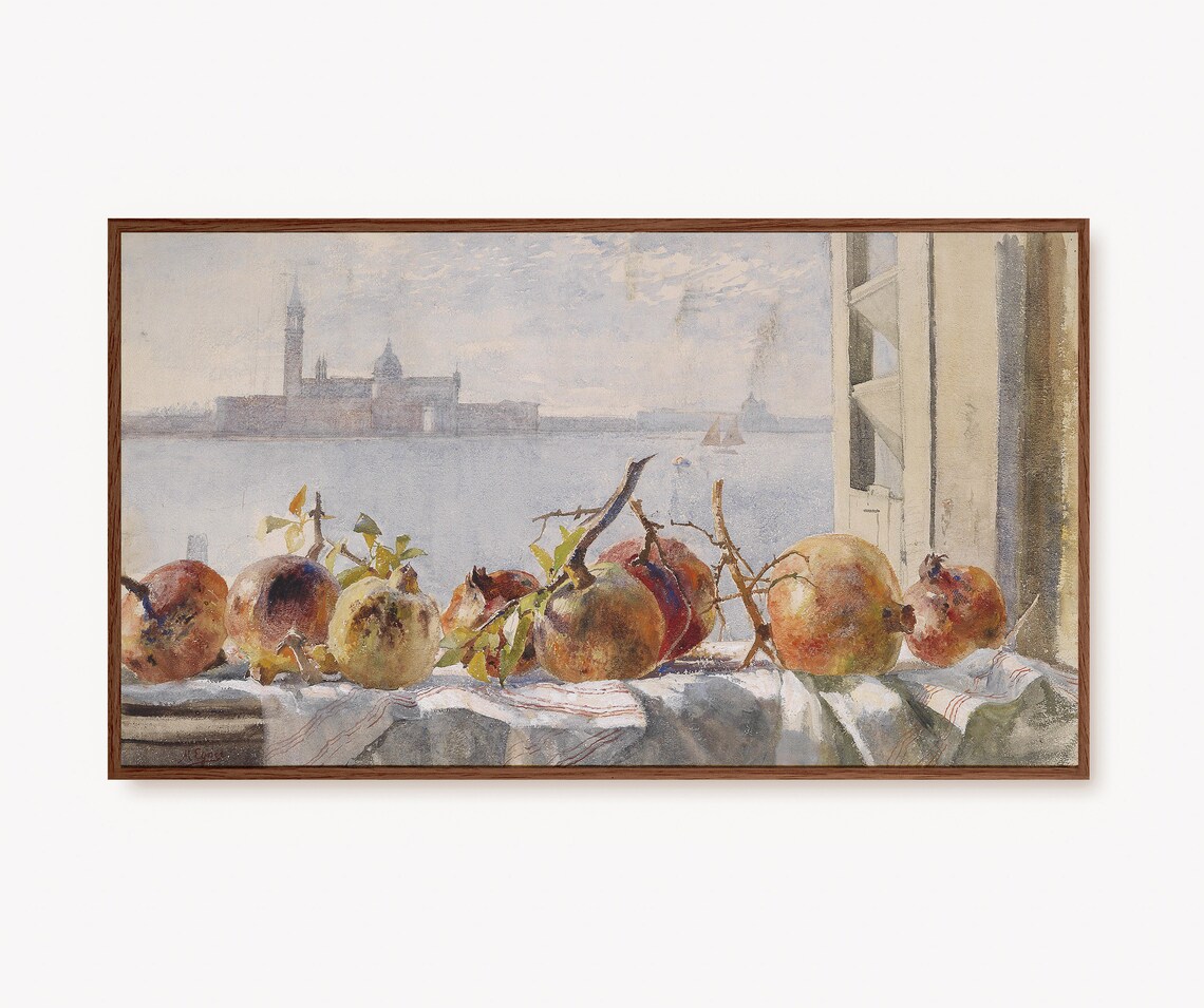 Sunlit Pomegranates Still Life with Venice Window View Vintage Art Poster