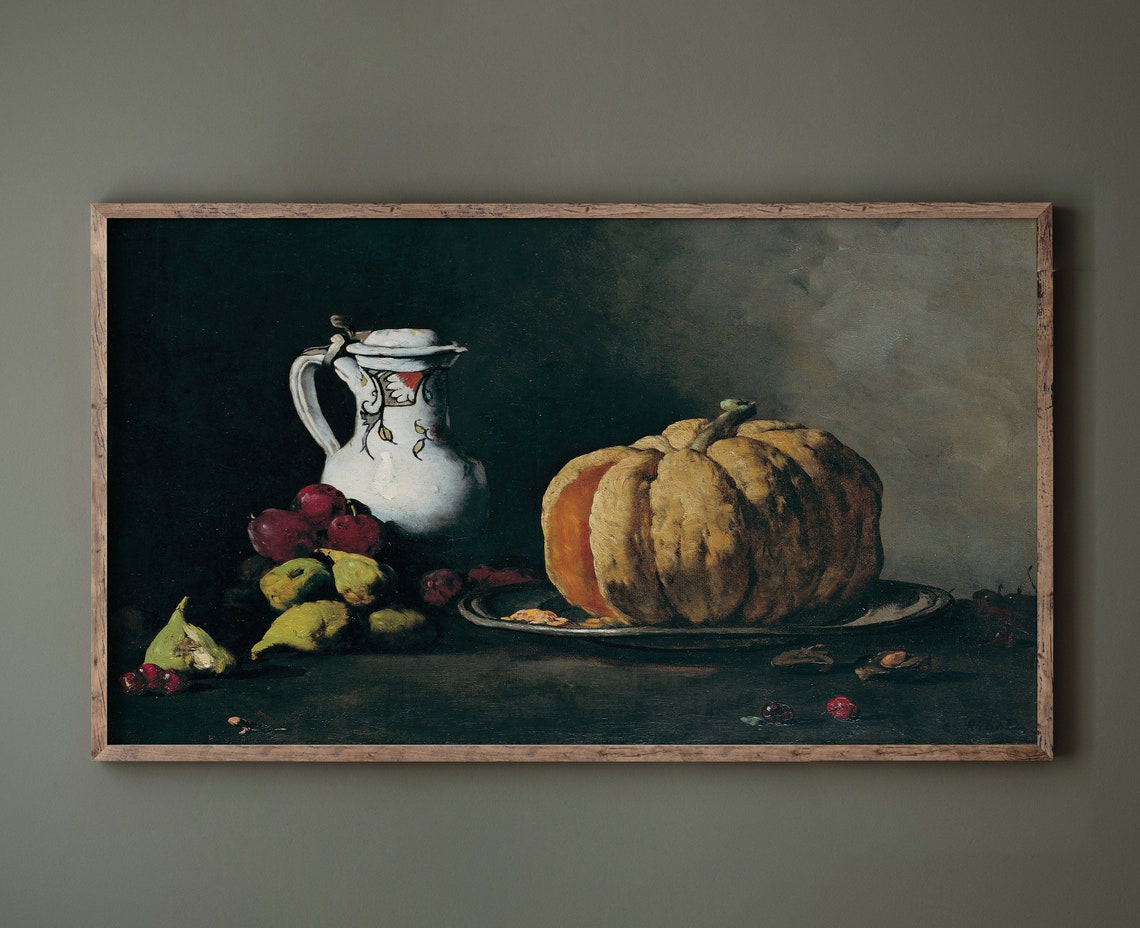 Dark Moody Still Life with Pumpkin and Pitcher Painting Poster - Image 2