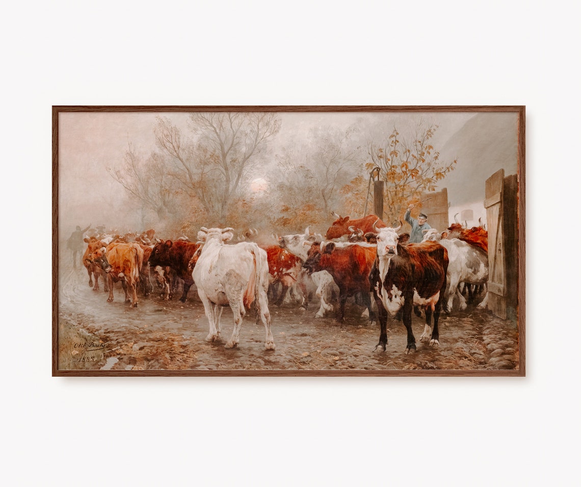 Vintage Misty Cattle Herd Farm Scene 1885 Oil Painting Poster