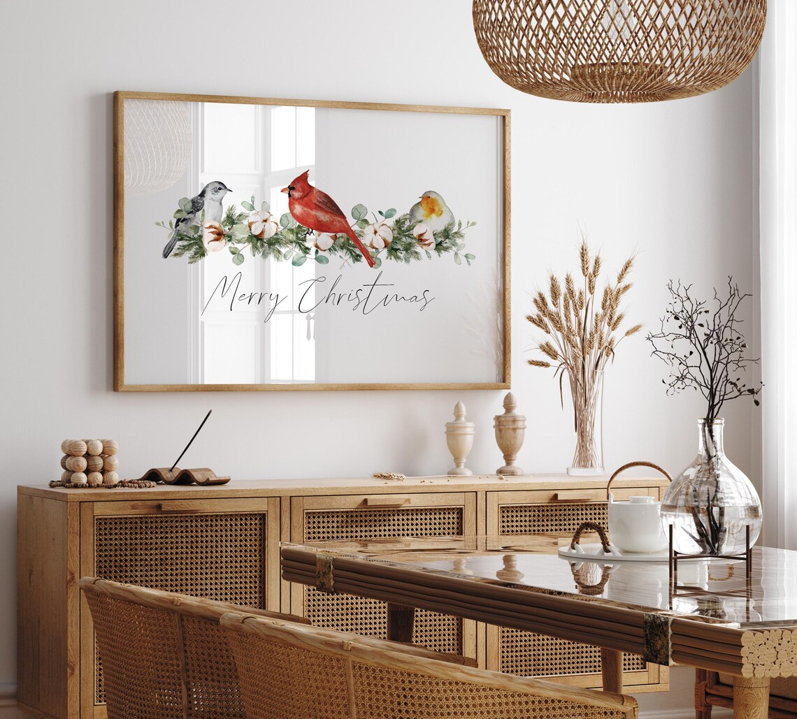 Cardinal Bird Christmas Garland Watercolor Merry Christmas Art Decor Poster - Image 2