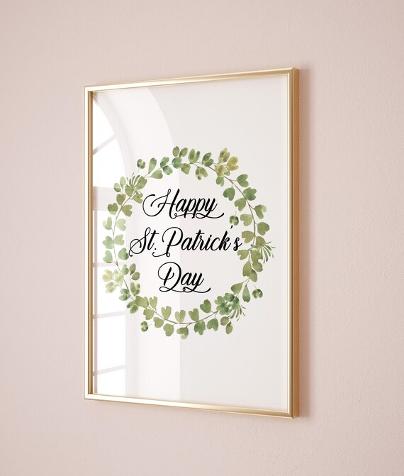 Happy St Patricks Day Green Leaf Wreath Calligraphy Irish Holiday Wall Art Poster