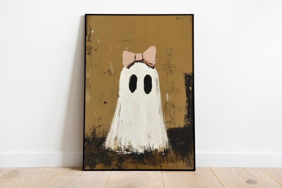 Cute Halloween Ghost Pink Bow Mustard Spooky Season Art Print