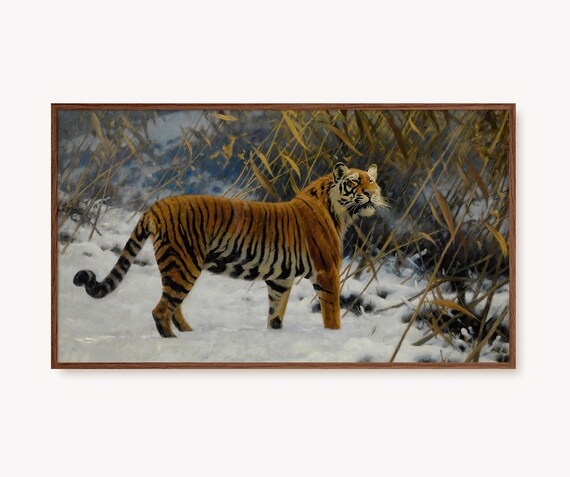 Siberian Tiger in a Snowy Winter Forest Wildlife Painting Poster