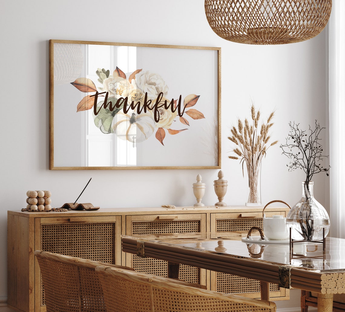 Thankful Script Watercolor Floral Pumpkin Thanksgiving Decor Poster - Image 2