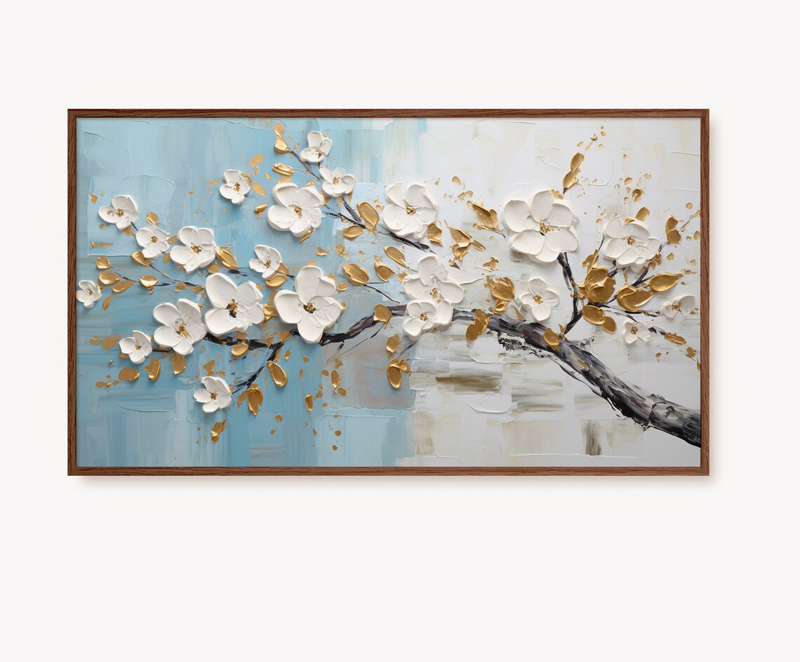 Blue White Gold Floral Oil Painting Art Print