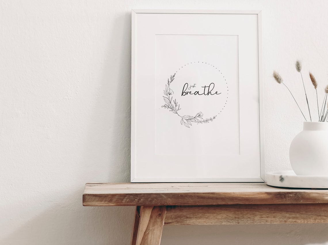 Just Breathe Minimalist Floral Wreath Inspirational Quote Poster - Image 2