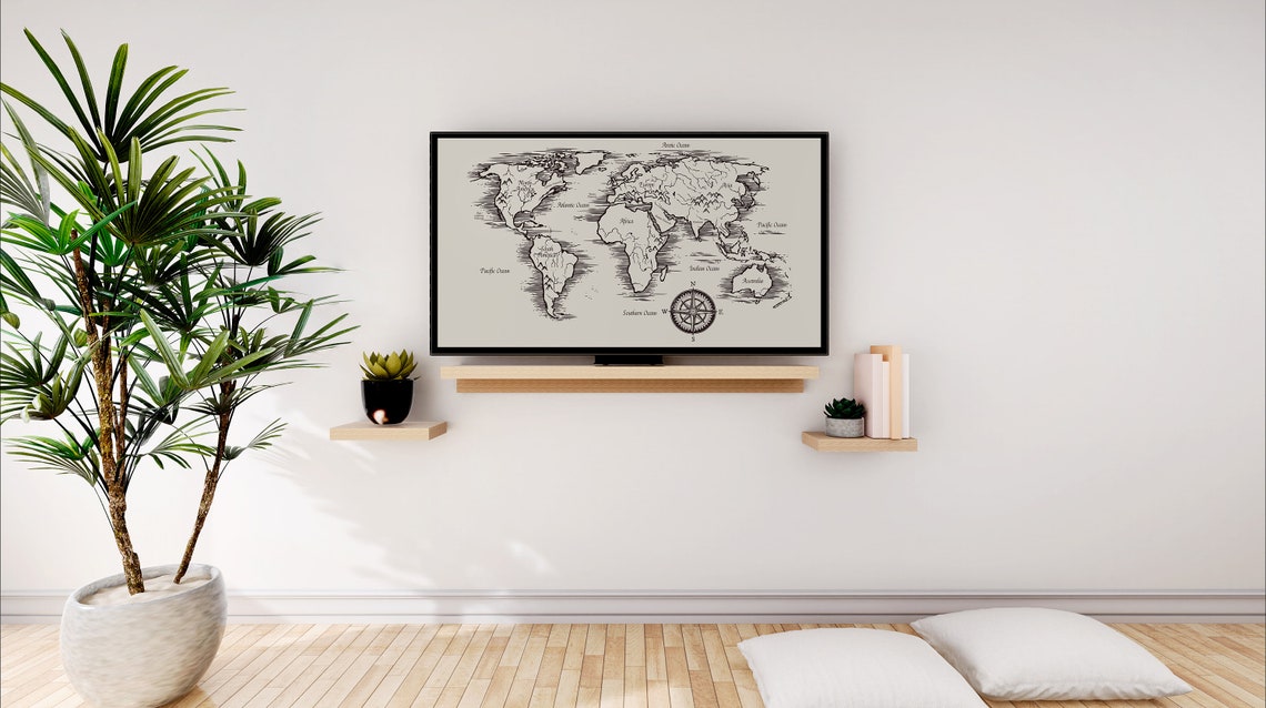 Vintage Engraved World Map Sketch with Compass Rose Art Poster - Image 2