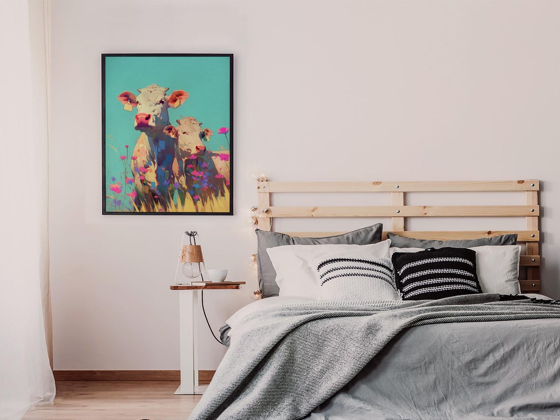 Two White Cows Among Pink Wildflowers on a Turquoise Sky Poster - Image 6