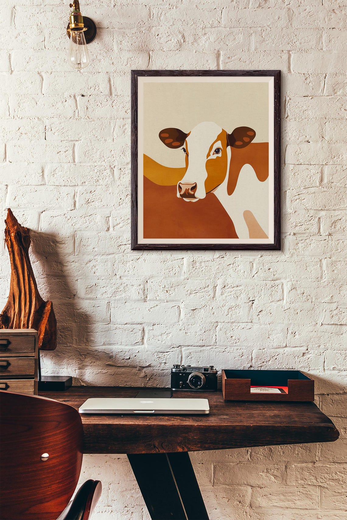 Contemporary Stylized Cow Portrait in Rich Burnt Orange Poster - Image 4