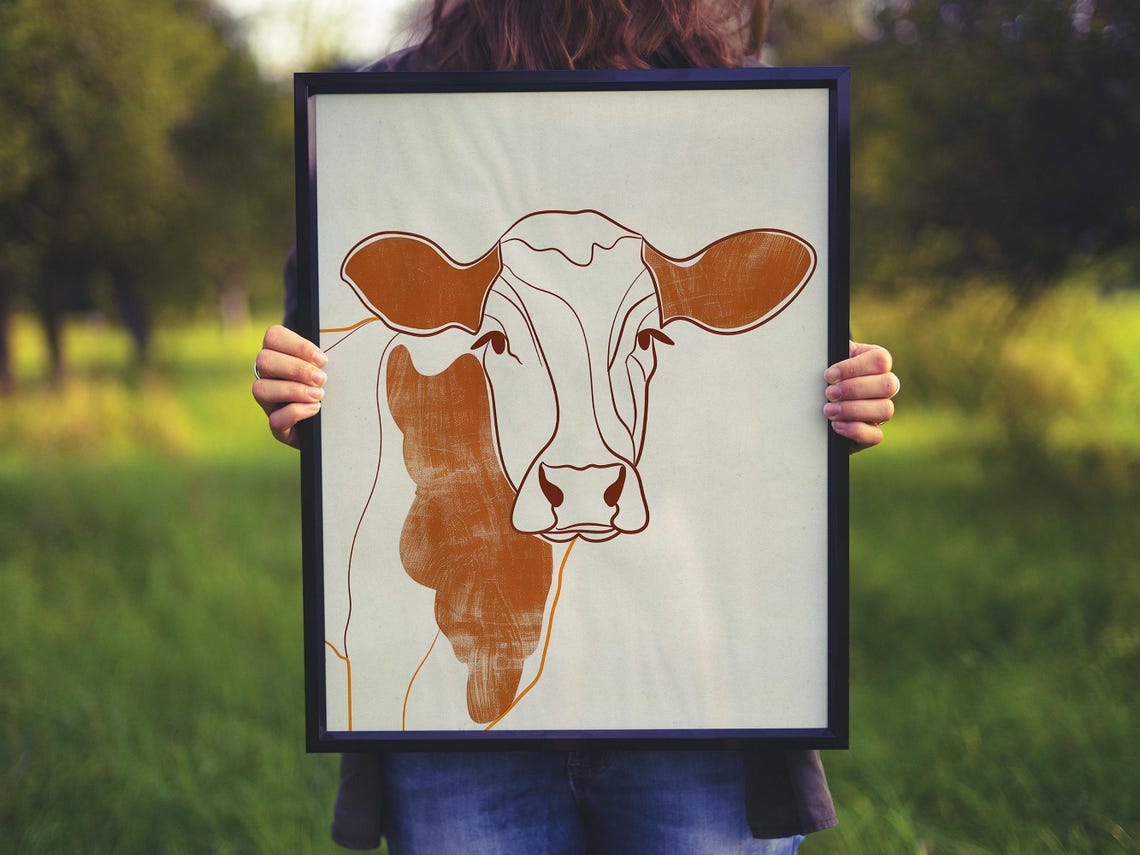 Elegant Terracotta Line Portrait of a Cow on Soft Beige Poster - Image 3