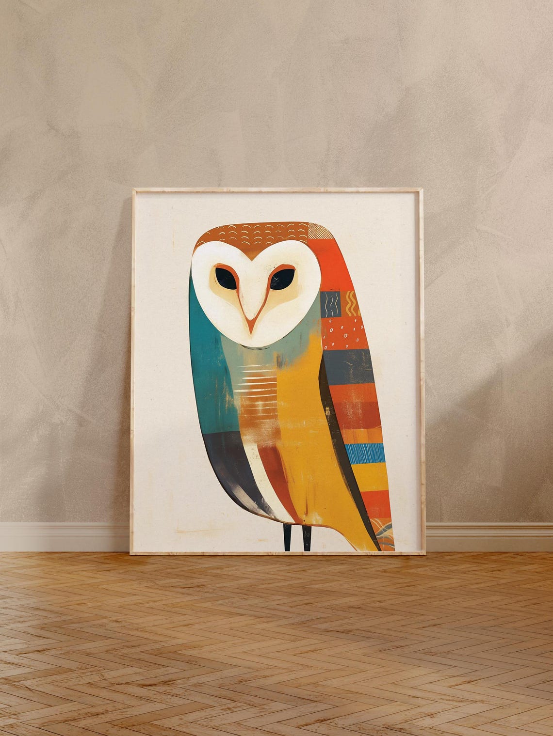 Mid-Century Geometric Barn Owl in Teal and Mustard Tones Poster - Image 3