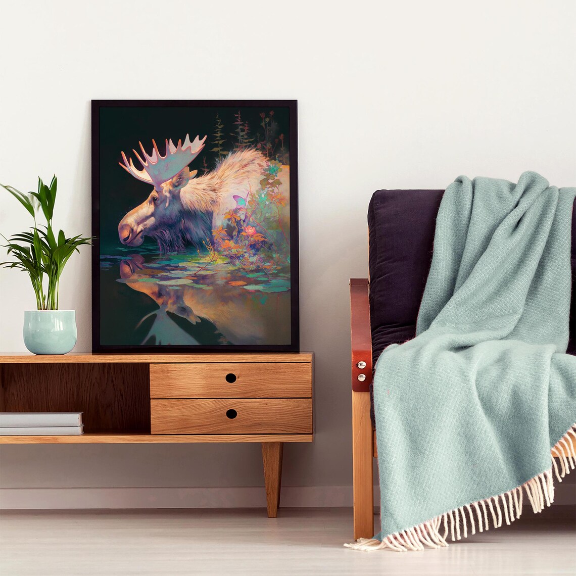 Moose Bull Drinking at Dark Water With Mirror Reflection Painting Poster - Image 5