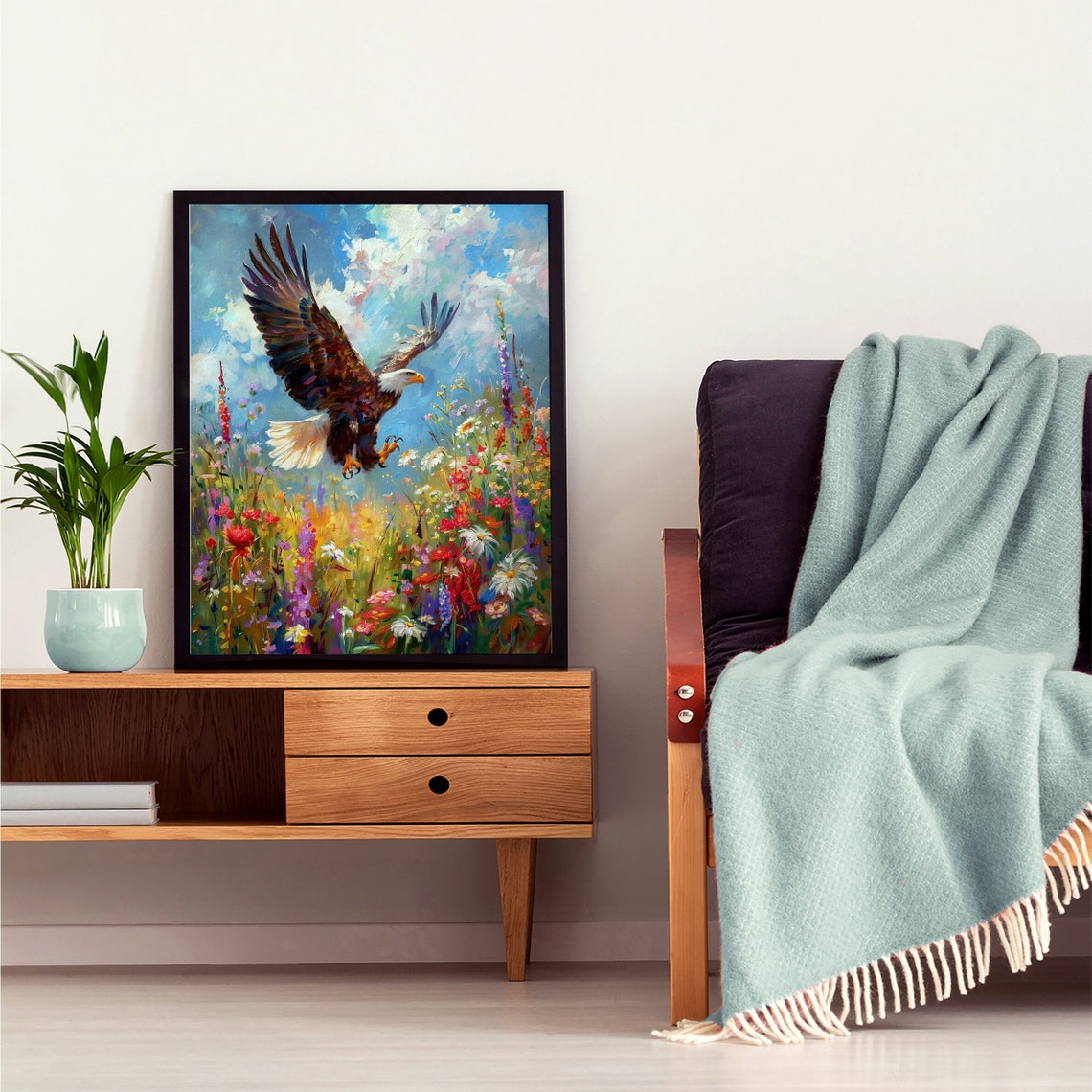 Bald Eagle Soaring Over Wildflower Meadow Oil Painting Poster - Image 8