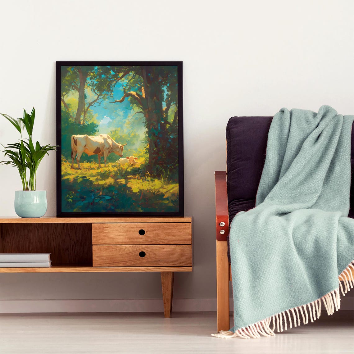 White Cow and Calf in a Sunlit Forest Meadow Impressionist Art Poster - Image 7