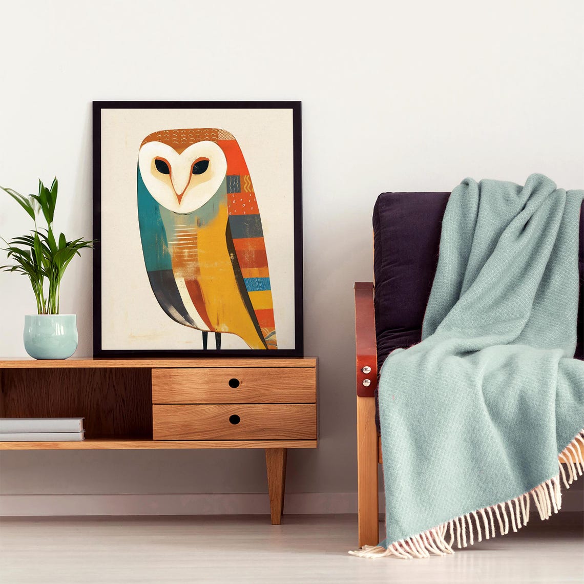 Mid-Century Geometric Barn Owl in Teal and Mustard Tones Poster - Image 6